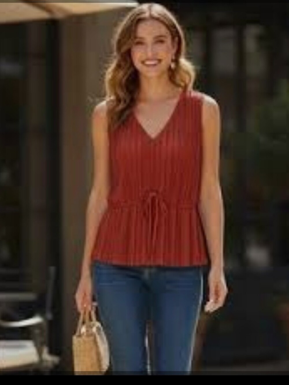 Women's Nine West Sleeveless V-Neck Drawstring Peplum Top in Rust